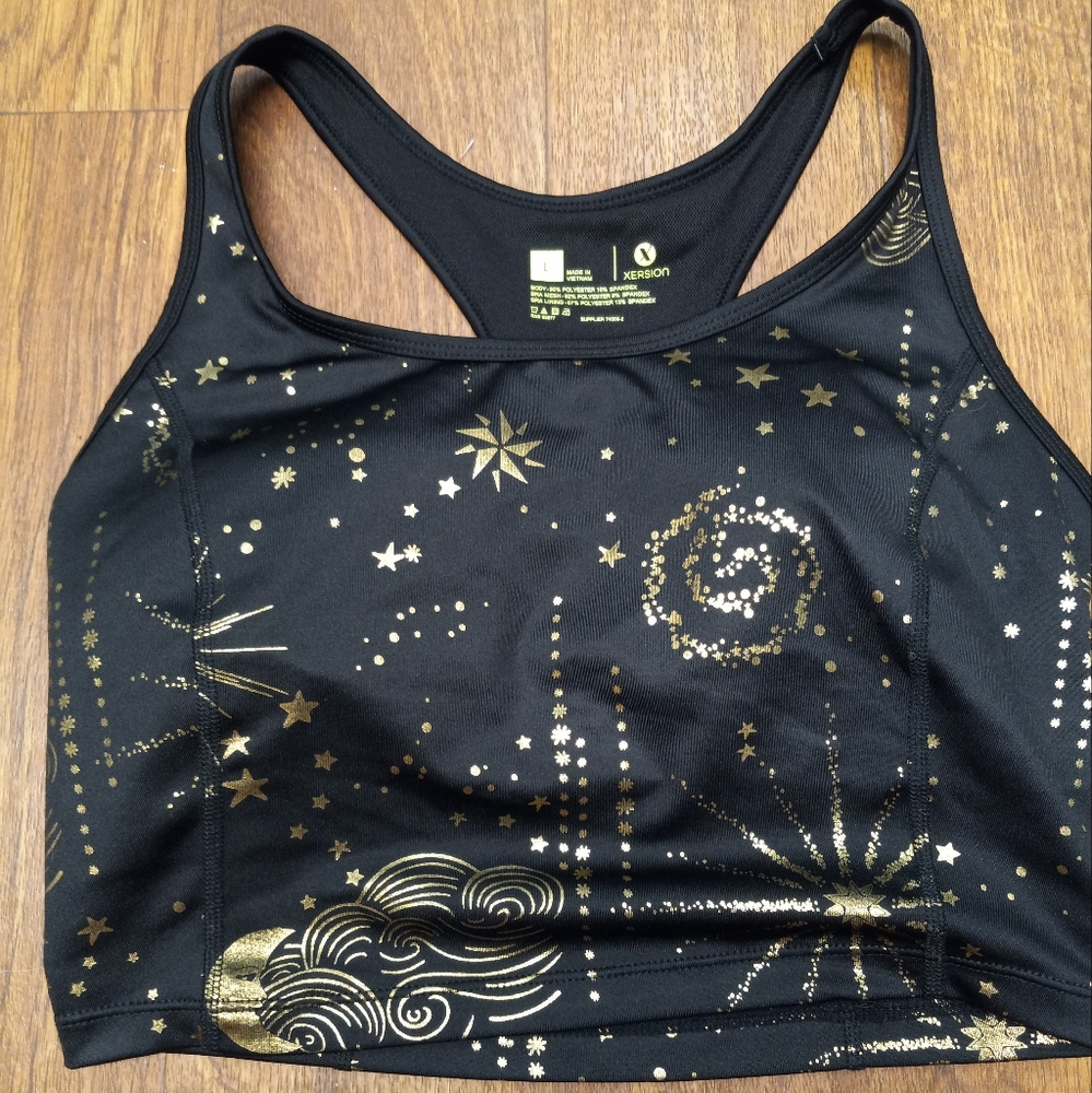 Xersion Black Sports Bra with Gold Celestial Print
